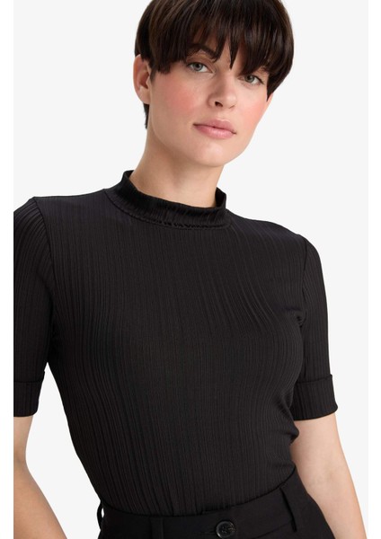 Regular Fit Yarım Balıkçı Yaka Fitilli Kaşkorse Kısa Kollu Tişört B1177AX25AU