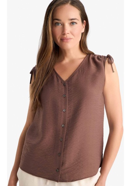 V Yaka Büzgülü Kolsuz Bluz F2052AX25SM