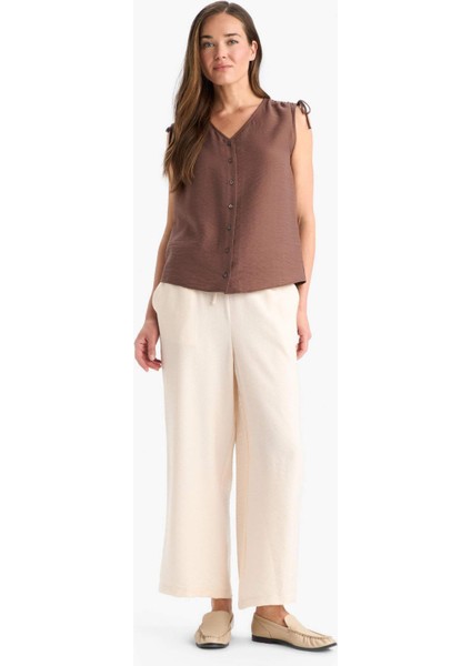 V Yaka Büzgülü Kolsuz Bluz F2052AX25SM