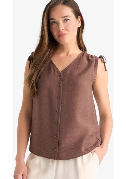 V Yaka Büzgülü Kolsuz Bluz F2052AX25SM