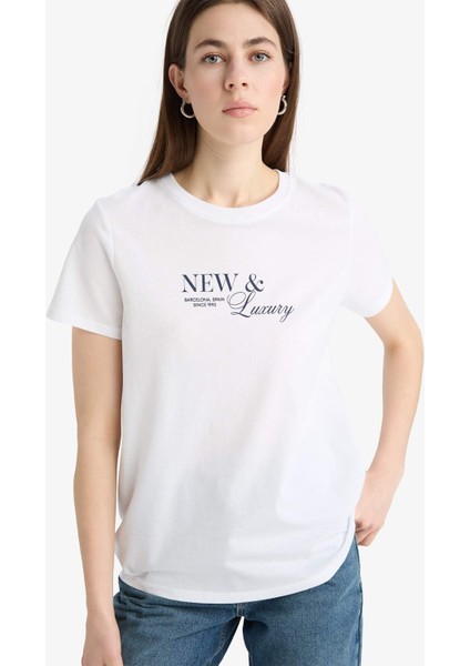 Relax Fit Bisiklet Yaka Baskılı Penye Kısa Kollu Tişört