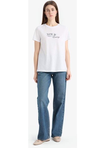 Relax Fit Bisiklet Yaka Baskılı Penye Kısa Kollu Tişört