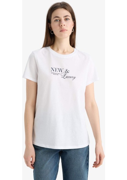 Relax Fit Bisiklet Yaka Baskılı Penye Kısa Kollu Tişört