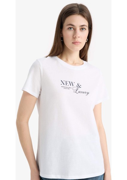 Relax Fit Bisiklet Yaka Baskılı Penye Kısa Kollu Tişört