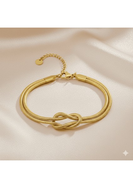Kadın Çelik Bileklik - 2 Li Snake Model - Aşk Düğümü Tasarım - Altın Renk fırsatları