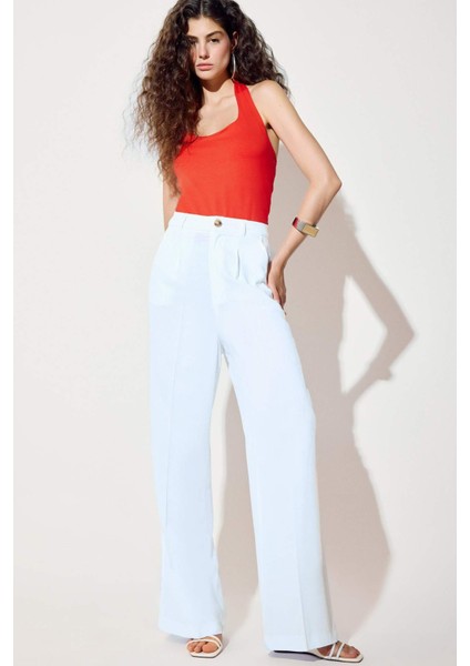 Wide Leg Keten Karışımlı Palazzo Pantolon Yüksek Bel Geniş Bol Paça Pensli Cepli A1922AX25SM