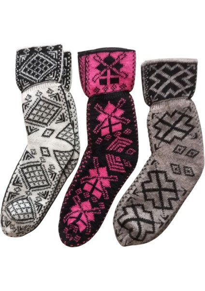 Çorap Patik Desenli Kalın Kışlık 3'lü Ekonomik Paket Unisex Beyaz - Vizon - Fuşya fırsatları