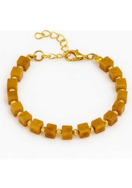 Gold Renk Metal Zincirli Dorika Süslemeli Küp Kesim Hardal Rengi Doğal Damla Kehribar Kadın Bileklik