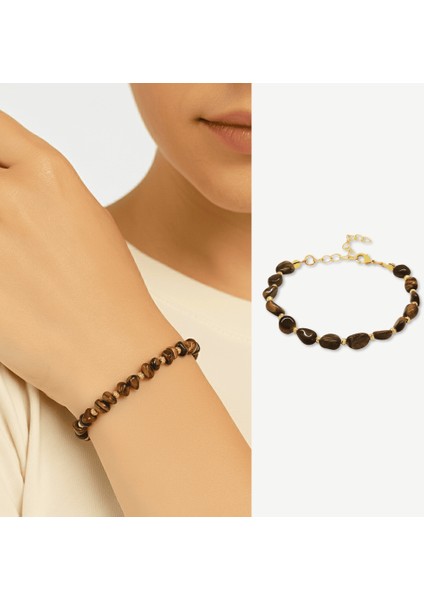 Altın Renk Metal Zincirli Dorika Top Süslemeli Amorf Kaplan Gözü Doğaltaş Kadın Bileklik fiyatları