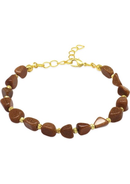Altın Renk Metal Zincirli Dorika Top Süslemeli Amorf Kahverengi Yıldız Taşı Doğaltaş Kadın Bileklik