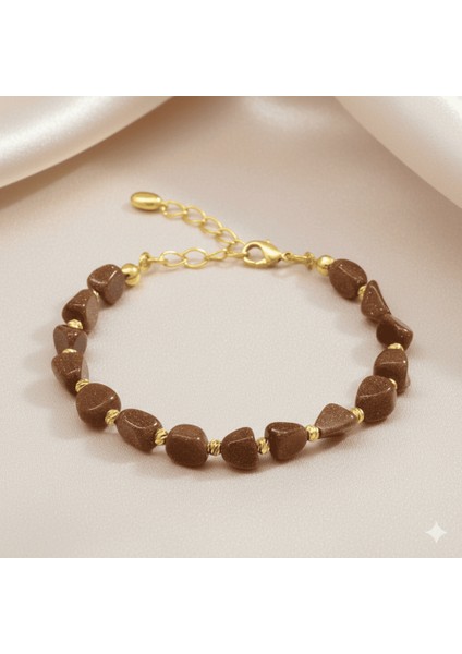Altın Renk Metal Zincirli Dorika Top Süslemeli Amorf Kahverengi Yıldız Taşı Doğaltaş Kadın Bileklik fırsatları
