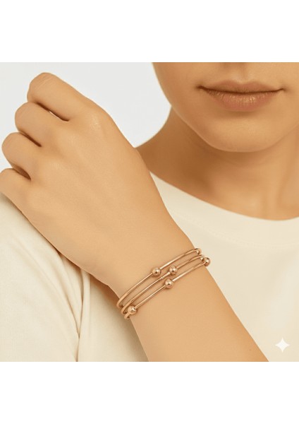 Kadın Çelik Bileklik - Beş Top Süslemeli Tasarım - 3 Lü Model - Rose Renk modelleri