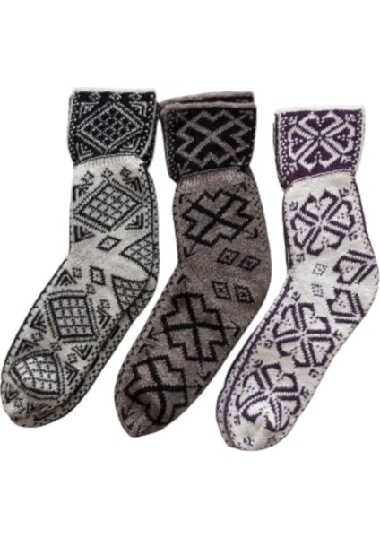 Çorap Patik Desenli Kalın Kışlık 3'lü Ekonomik Paket Unisex Vizon - Beyaz - Mor fırsatları