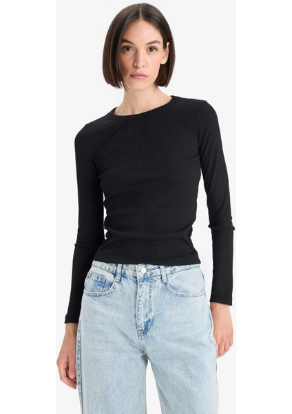 Slim Fit Dar Kesim Basic Düz Fitilli Kaşkorse Uzun Kollu Tişört E5767AX25AU