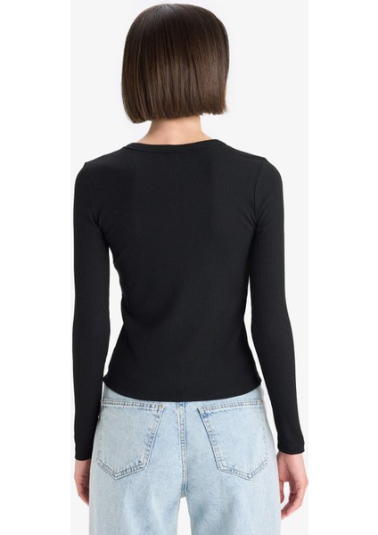 Slim Fit Dar Kesim Basic Düz Fitilli Kaşkorse Uzun Kollu Tişört E5767AX25AU