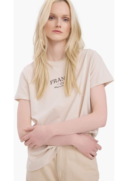 Relax Fit Bisiklet Yaka Baskılı Penye Kısa Kollu Tişört E5538AX25SM