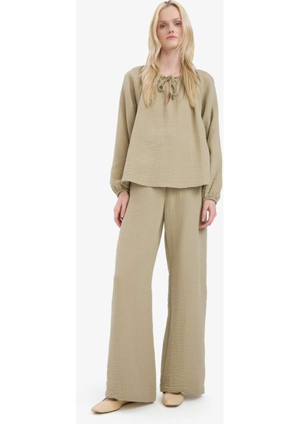 Wide Leg Müslin Kumaş Palazzo Pantolon Çift Cepli Yüksek Bel Geniş Paça E3934AX25SM