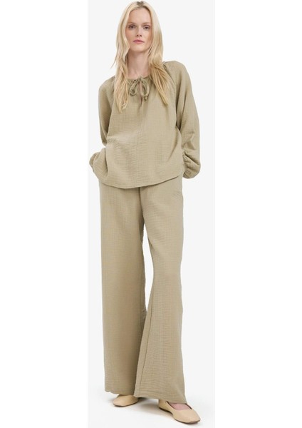 Wide Leg Müslin Kumaş Palazzo Pantolon Çift Cepli Yüksek Bel Geniş Paça E3934AX25SM