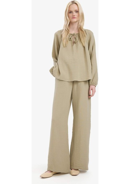 Wide Leg Müslin Kumaş Palazzo Pantolon Çift Cepli Yüksek Bel Geniş Paça E3934AX25SM