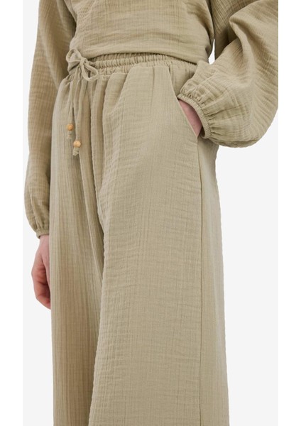Wide Leg Müslin Kumaş Palazzo Pantolon Çift Cepli Yüksek Bel Geniş Paça E3934AX25SM