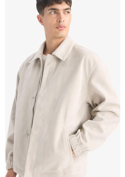 Oversize Geniş Kalıp Gömlek Yaka Çıtçıtlı Fermuarlı İç Cepli Süet Mont