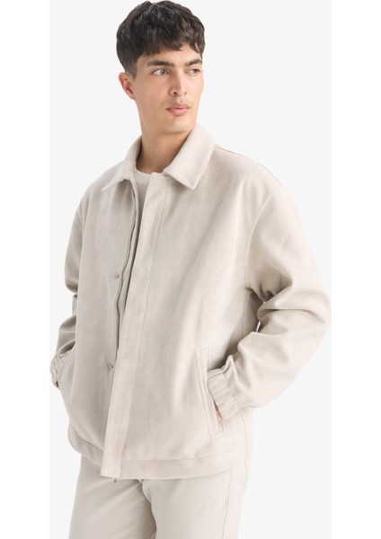 Oversize Geniş Kalıp Gömlek Yaka Çıtçıtlı Fermuarlı İç Cepli Süet Mont