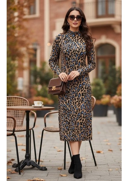 Kadın Uzun Kollu Balıkçı Yaka Leopar Desenli Midi Boy Elbise modelleri