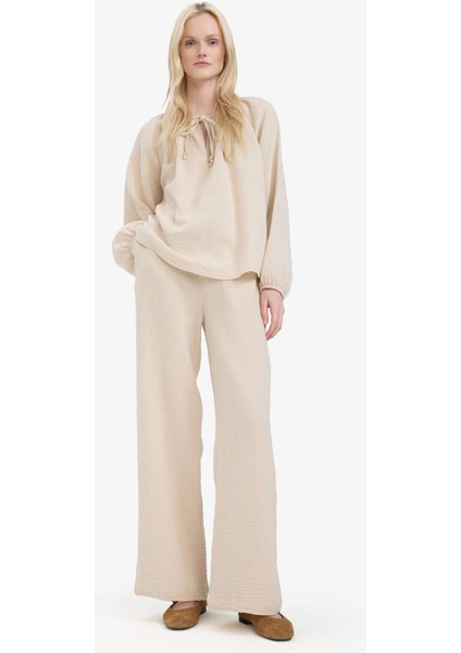 Wide Leg Müslin Kumaş Palazzo Pantolon Çift Cepli Yüksek Bel Geniş Paça E3934AX25SM