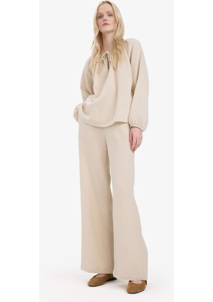 Wide Leg Müslin Kumaş Palazzo Pantolon Çift Cepli Yüksek Bel Geniş Paça E3934AX25SM
