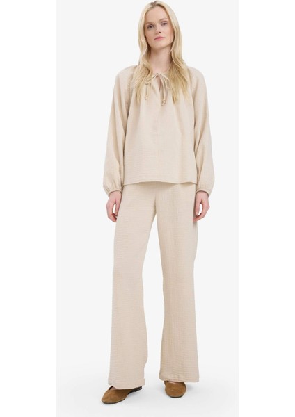 Wide Leg Müslin Kumaş Palazzo Pantolon Çift Cepli Yüksek Bel Geniş Paça E3934AX25SM