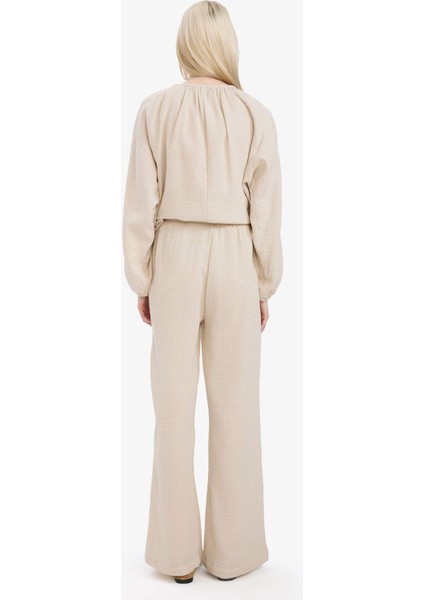 Wide Leg Müslin Kumaş Palazzo Pantolon Çift Cepli Yüksek Bel Geniş Paça E3934AX25SM