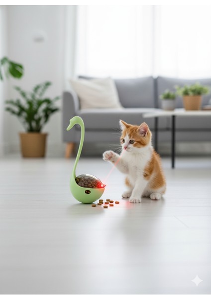 Lazerli Kuğu Kedi Oyuncağı – Hareketli Hacıyatmaz & Mama Dağıtıcı – Etkileşimli Egzersiz Oyuncağı
