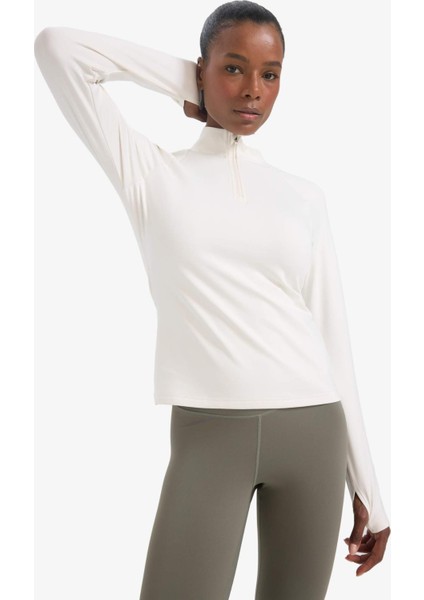 Standart Fit Dik Yaka Fermuarlı İçi Yumuşak Tüylü Sporcu Uzun Kollu Tişört B0811AX25AU