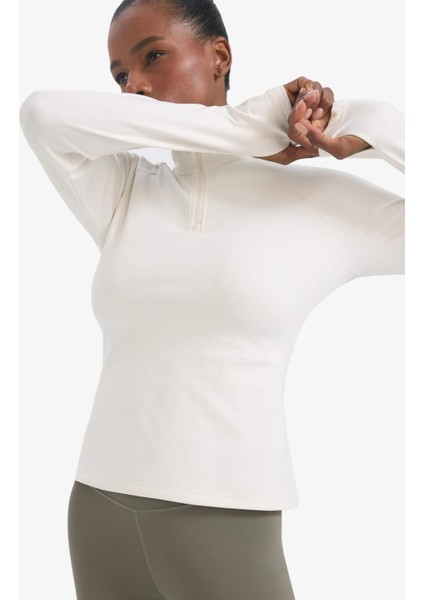 Standart Fit Dik Yaka Fermuarlı İçi Yumuşak Tüylü Sporcu Uzun Kollu Tişört B0811AX25AU