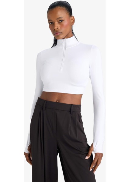 Fit Slim Fit Dar Kesim Fermuarlı Dik Yaka İçi Yumuşak Tüylü Esnek Kumaş Uzun Kollu Tişört