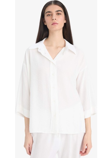 Oversize Geniş Kalıp Krinkıl Kumaş Uzun Kollu Gömlek F2316AX25SM