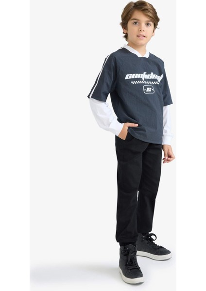 Erkek Çocuk Oversize Geniş Kalıp V Yaka Baskılı Paraşüt Uzun Kollu Tişört F1964A825AU