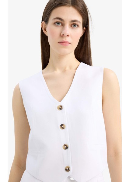 V Yaka Keten Karışımlı Beyaz Blazer Yelek C3828AX25SM