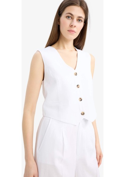 V Yaka Keten Karışımlı Beyaz Blazer Yelek C3828AX25SM