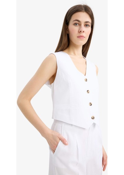 V Yaka Keten Karışımlı Beyaz Blazer Yelek C3828AX25SM