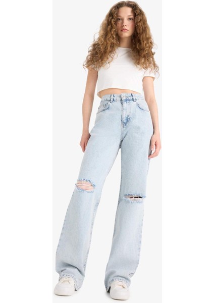 Straight Wide Yırtık Detaylı Yüksek Bel Uzun Jean Yıkamalı Pantolon E8016AX25SM