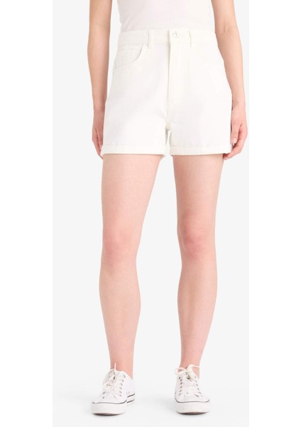 Mom Fit Yüksek Bel Katlamalı Paça Jean Şort