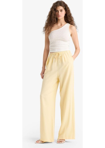 Keten Karışımlı Palazzo Pantolon Wide Leg Geniş Bol Paça Üç Cepli Normal Bel Basic Düz Standart Boy C4545AX25SP