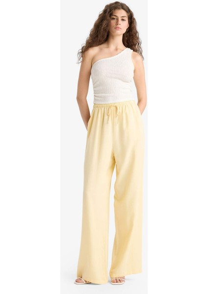 Keten Karışımlı Palazzo Pantolon Wide Leg Geniş Bol Paça Üç Cepli Normal Bel Basic Düz Standart Boy C4545AX25SP