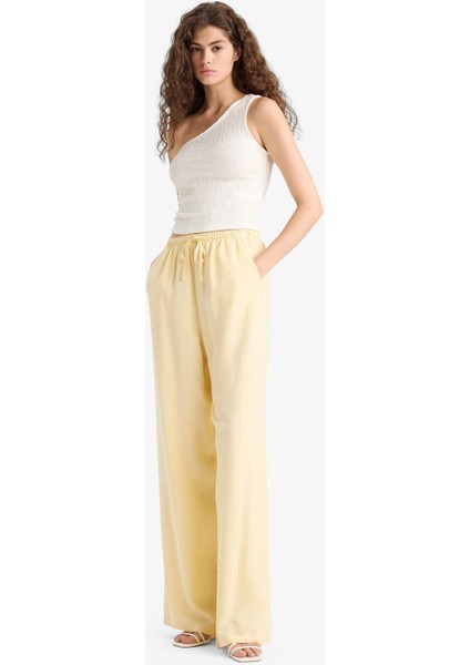 Keten Karışımlı Palazzo Pantolon Wide Leg Geniş Bol Paça Üç Cepli Normal Bel Basic Düz Standart Boy C4545AX25SP