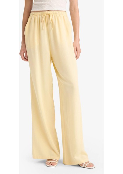 Keten Karışımlı Palazzo Pantolon Wide Leg Geniş Bol Paça Üç Cepli Normal Bel Basic Düz Standart Boy C4545AX25SP