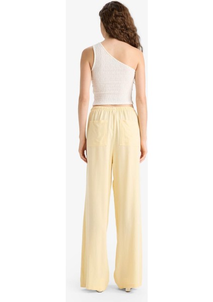 Keten Karışımlı Palazzo Pantolon Wide Leg Geniş Bol Paça Üç Cepli Normal Bel Basic Düz Standart Boy C4545AX25SP