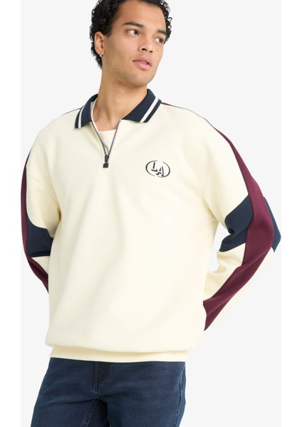 Boxy Fit Dik Yaka Fermuarlı Baskılı Sweatshirt F0114AX25AU