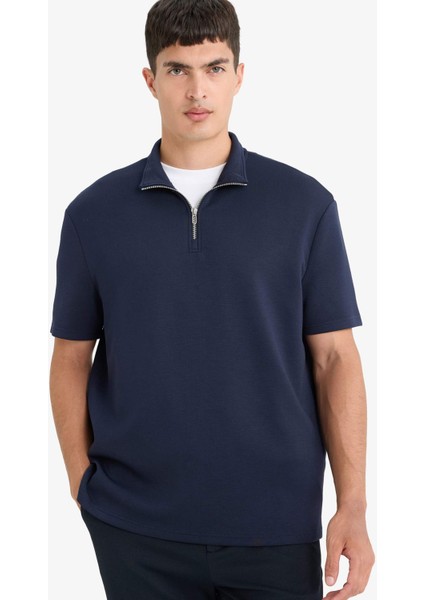 Regular Fit Dik Yaka Yarım Fermuarlı Modal Karışımlı Ağır Kumaş Kısa Kollu Tişört B6502AX25AU