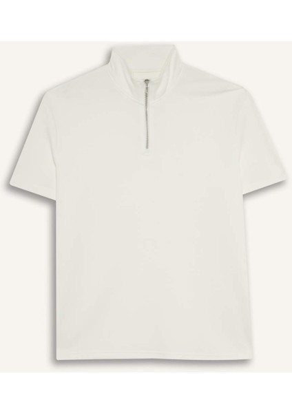 Regular Fit Dik Yaka Yarım Fermuarlı Modal Karışımlı Ağır Kumaş Kısa Kollu Tişört B6502AX25AU
